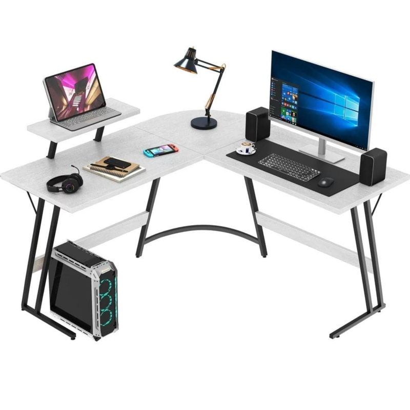L-Shaped Desk Monitor Riser, Monochrome White Finish, Modern Home Office
