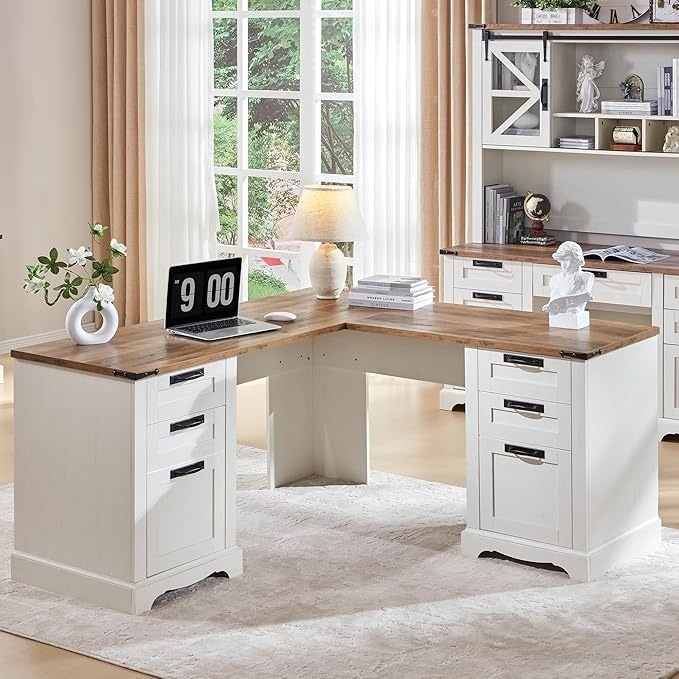 L-Shaped Desk Natural Wood Integrated Power Strip Storage Drawers