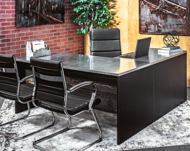 L-Shaped Desk Polished Stainless Steel Reclaimed Wood Modesty