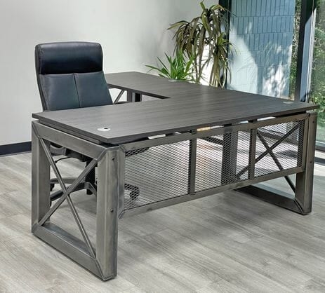 L-Shaped Desk Raw Metal Frame, Mesh Panels, Industrial Executive Desk