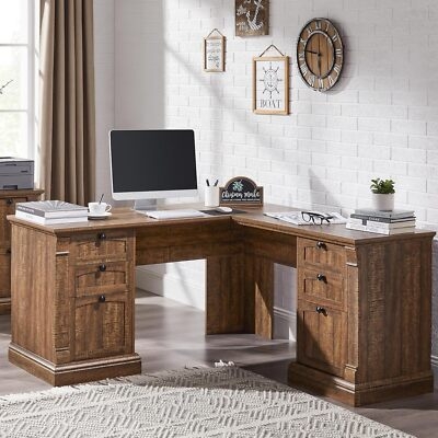 L-Shaped Desk Reclaimed Barnwood Finish Charging Station X-Brace