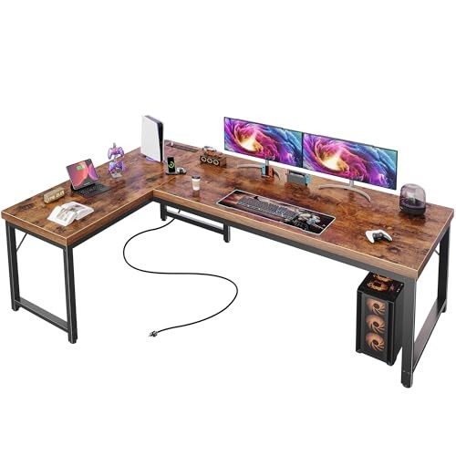 L-Shaped Desk Rustic Brown Wood Modern Farmhouse Frame Outlets