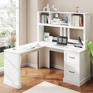 L-Shaped Desk Scandinavian Style with Hutch Storage and Open Shelving, White