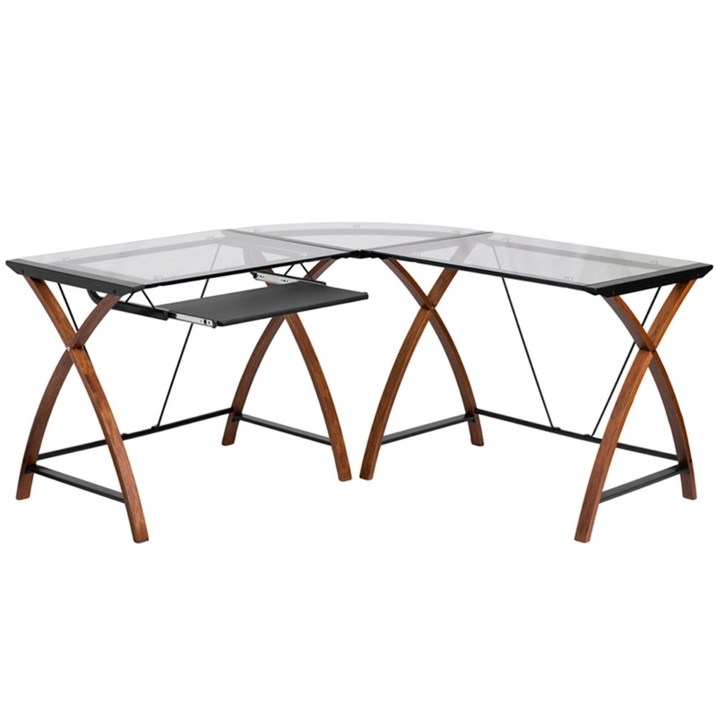 L-Shaped Desk Silver Frame Open Construction Glass Top Minimalist