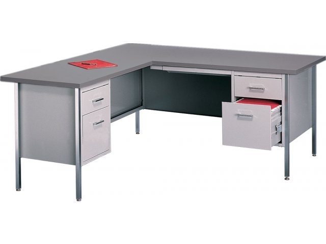 L-Shaped Desk Steel Construction, Wood Laminate Top, Putty Gray Desk
