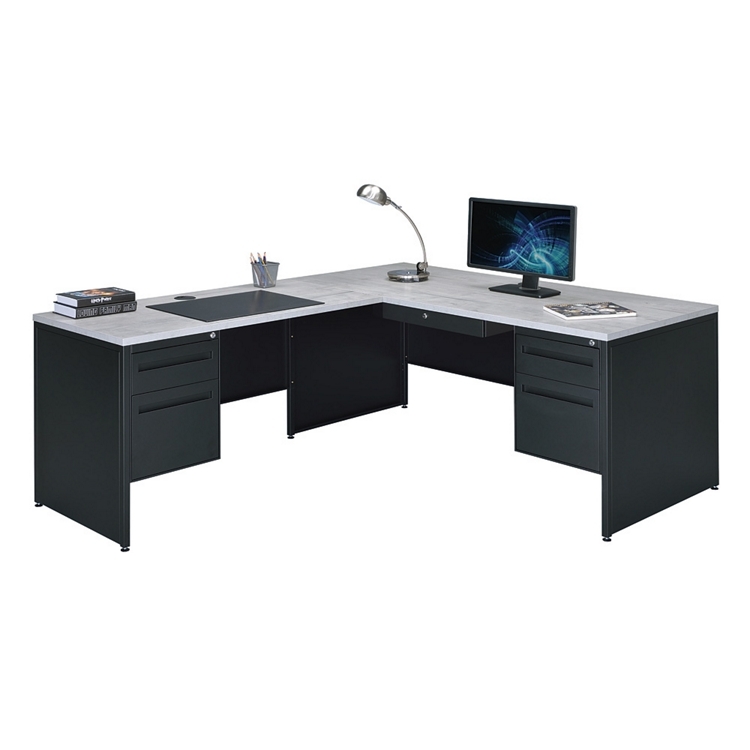 L-Shaped Desk Teak Top Black Steel Frame Modern Professional