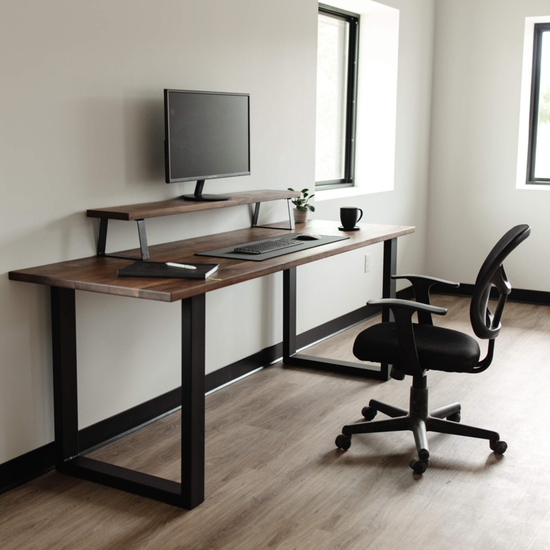 L-shaped Desk Thick Slab Construction Dark Wood Rustic