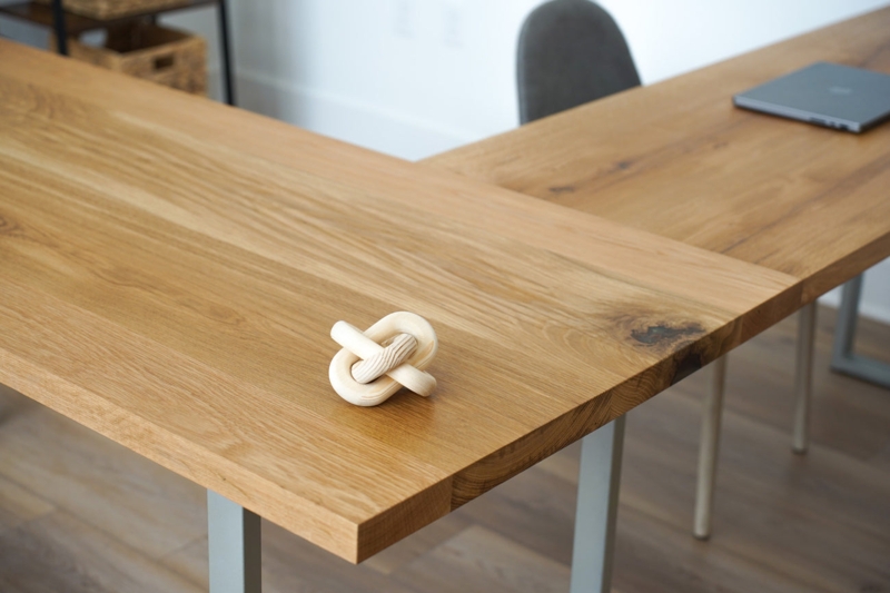 L Shaped Desk Thick Wood Top Wainscoted Background Modern Farmhouse