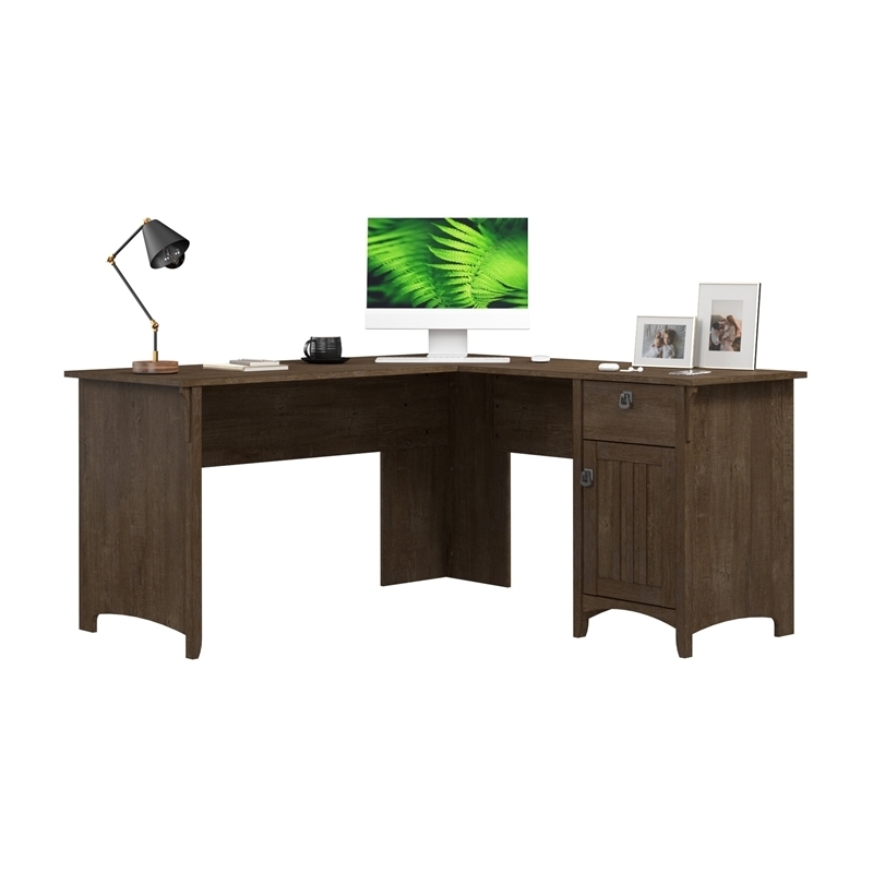 L-Shaped Desk Transitional Ash Brown Tapered Legs Integrated Storage