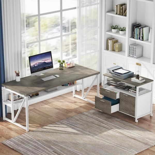 L-Shaped Desk Two Tone Design Integrated Cabinet Organized Layout