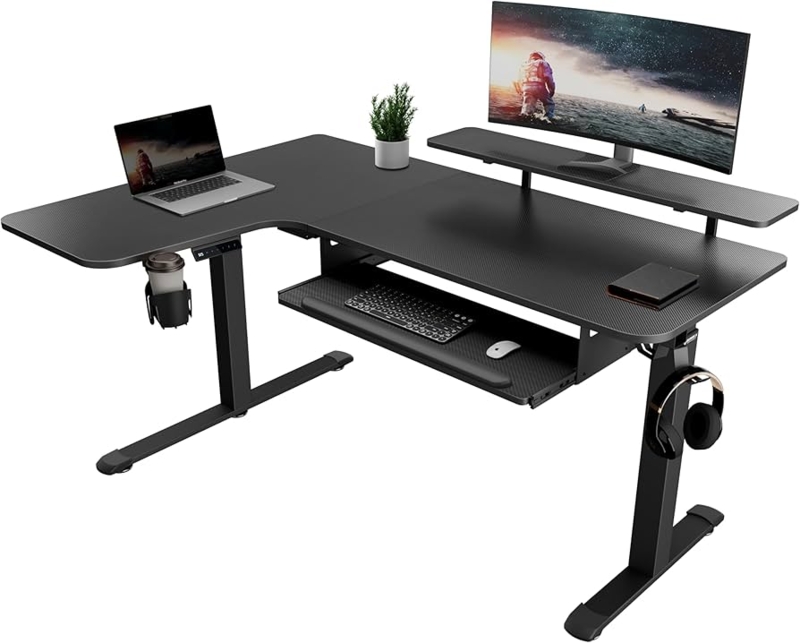 L-Shaped Desk Walnut and Black Contrast with Sliding Keyboard Tray