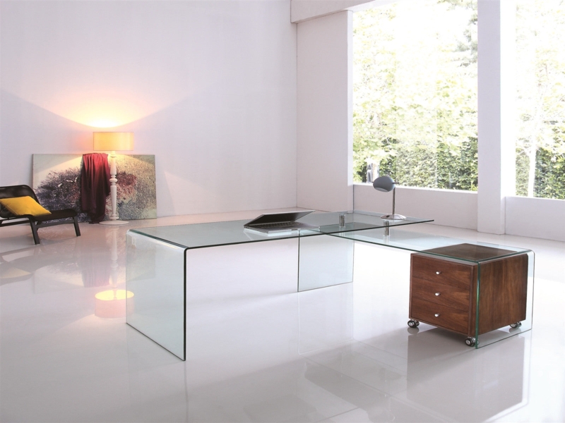 L-Shaped Desk Walnut Cabinet Chrome Frame Floating Top Glass