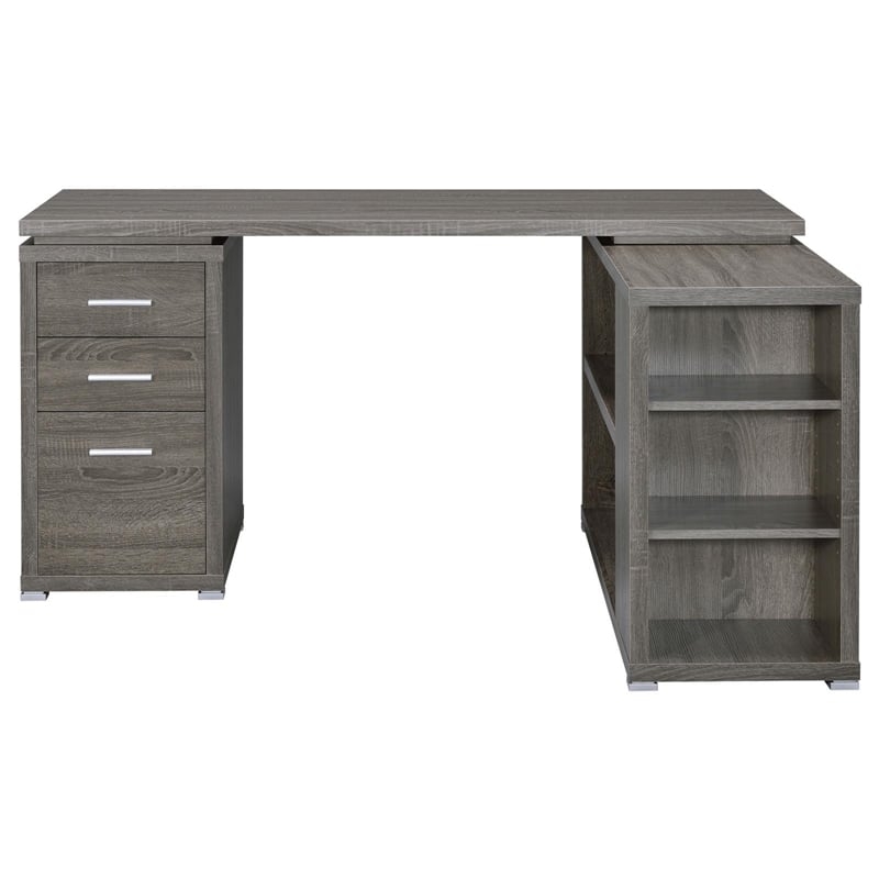 L-Shaped Desk Weathered Gray Finish Thick Top Three Drawers Farmhouse
