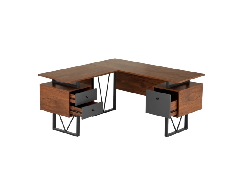 L-Shaped Desk Weathered Grey Finish Integrated Side Storage Drawers