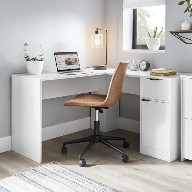 L-Shaped Desk White with Cup Pull Hardware and Integrated Storage