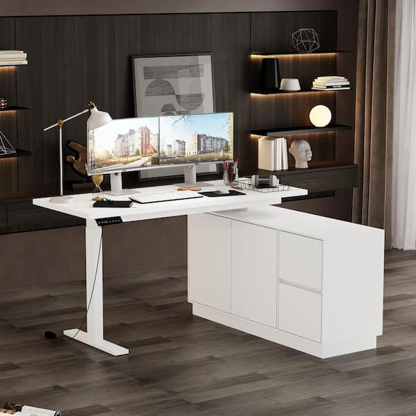 L-Shaped Desk White with Pop-Up Compartment and Storage Cabinet
