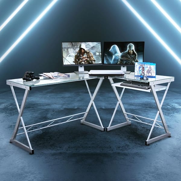 L-Shaped Desk White X-Frame with Pull-Out Keyboard Tray Glass Top
