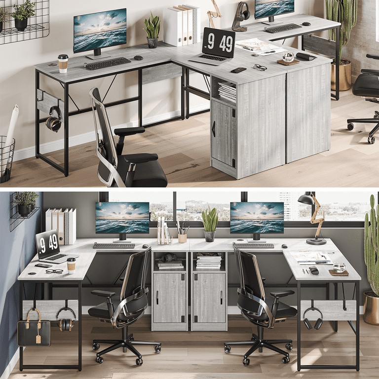 L-Shaped Desk Whitewashed Finish With Shelves Corner Storage