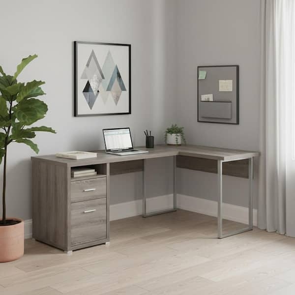 L-Shaped Desk with Black Metal Frame & 2 Drawers