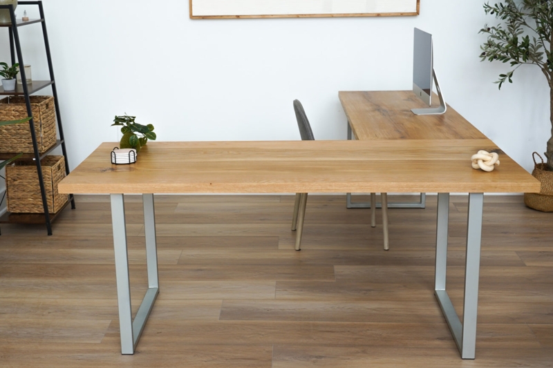 L Shaped Desk with Block Legs & Natural Oak Grain for Corner Styling