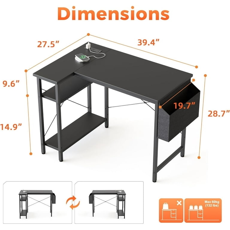L-Shaped Desk with Built-in Outlets and Monitor Stand