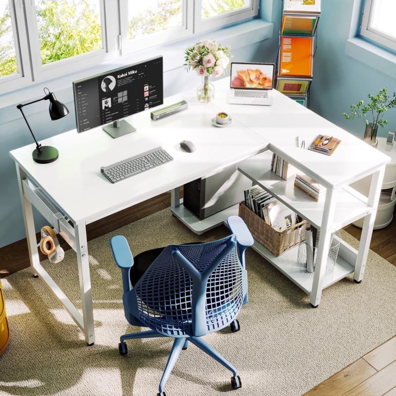 L-Shaped Desk with Built-in Power Outlet and Tiered Side Shelves