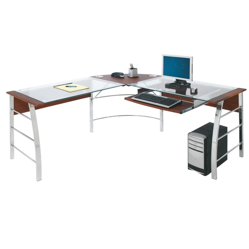 L-Shaped Desk with Cherry Wood Tones, Chrome Frame, and Monitor Shelf