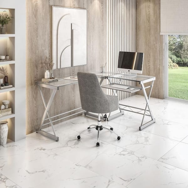 L-Shaped Desk with Clear Glass Top, Keyboard Tray, and Chrome Frame