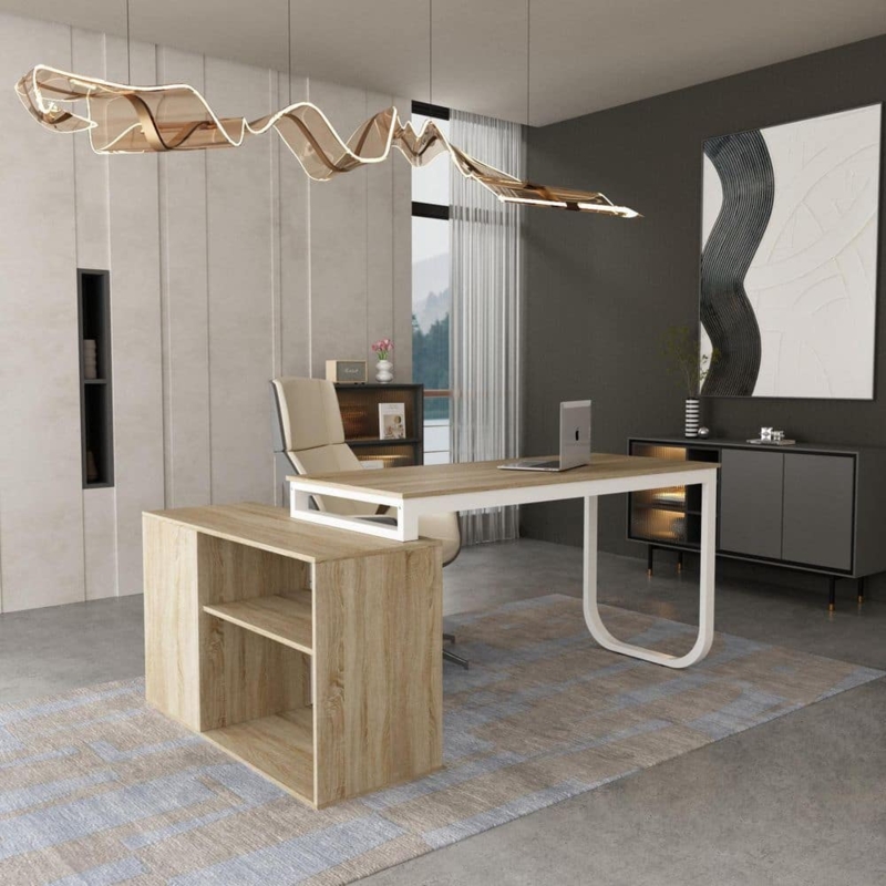L-shaped Desk with Drawer and Shelf Combo, Beige Wood