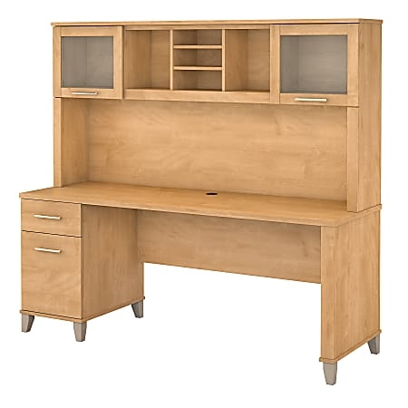 L-Shaped Desk with Frosted Glass Hutch, Maple Finish