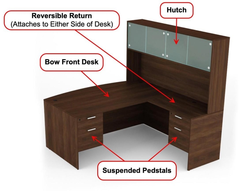 L-Shaped Desk with Glass Door Hutch, Gray Executive Office Workstation