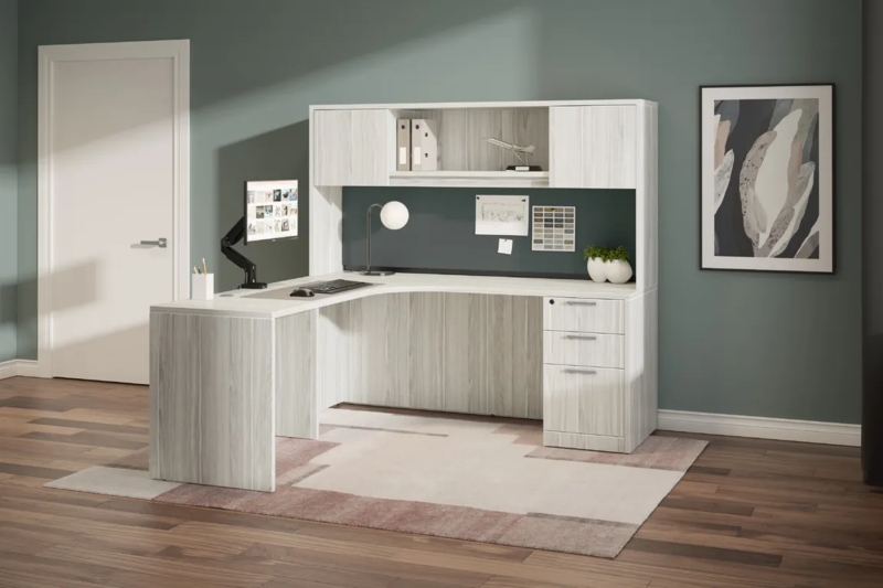 L-Shaped Desk with Hutch Combo in Cherry Finish for Home Office