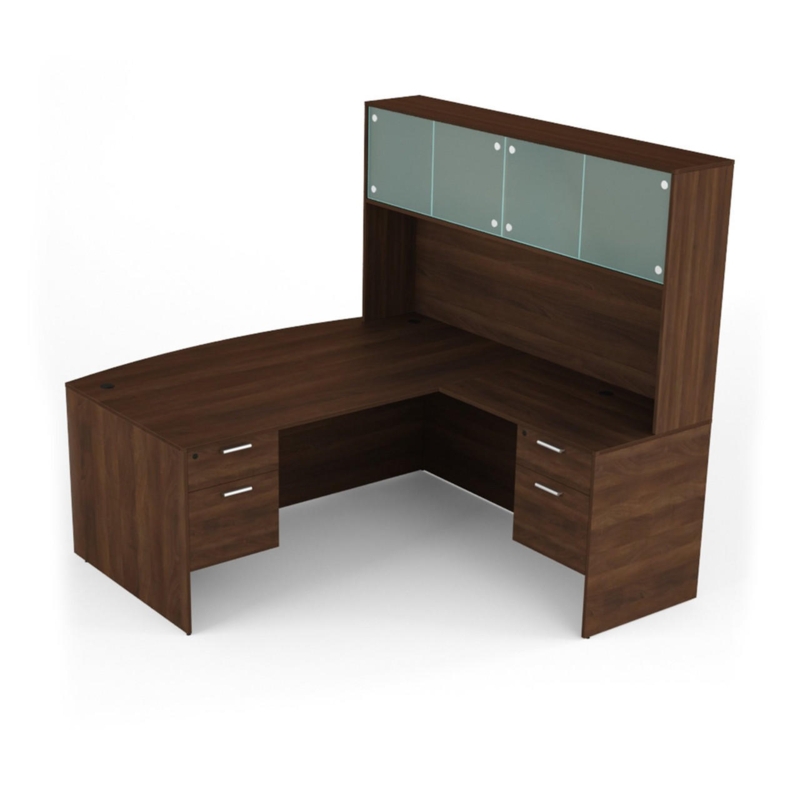 L-Shaped Desk with Hutch Storage, Frosted Glass Doors & Pedestal Drawers
