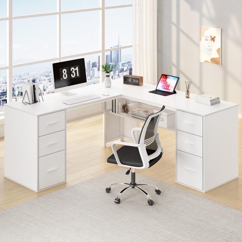 L-Shaped Desk with Integrated File Cabinet and Open Shelving