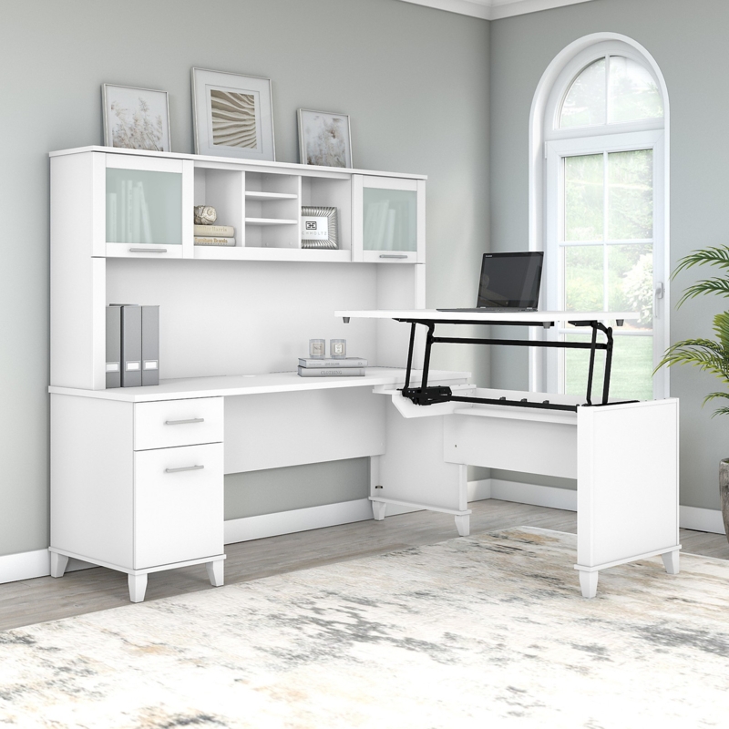 L-Shaped Desk with Integrated Hutch, Tapered Legs, and Cubbies