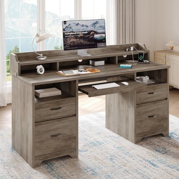 L-Shaped Desk with Integrated Monitor Riser, Grey and Black Finish