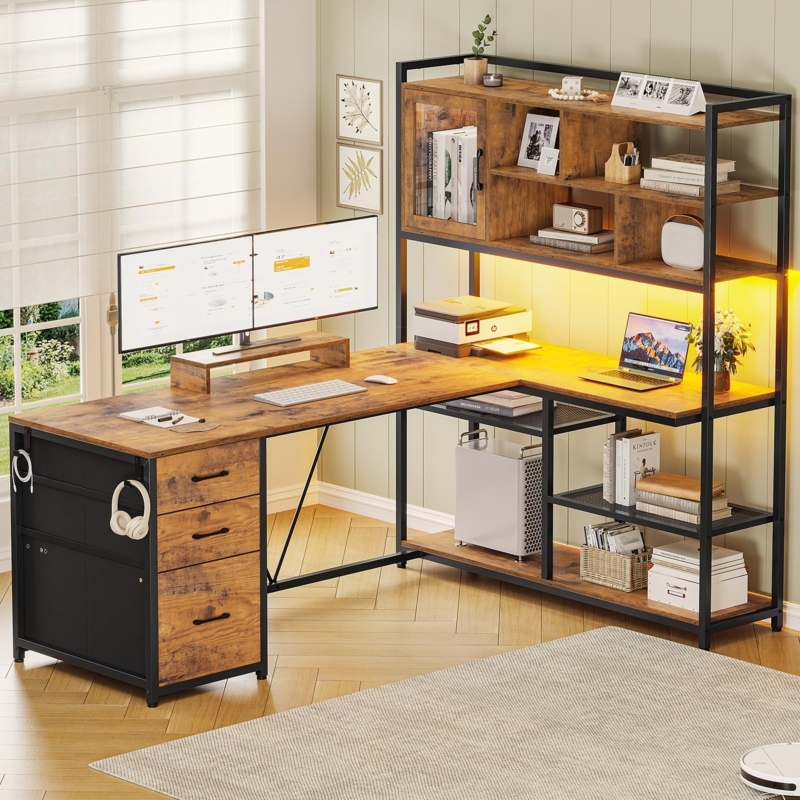 L-Shaped Desk with Integrated Monitor Stand & Triple Drawers.