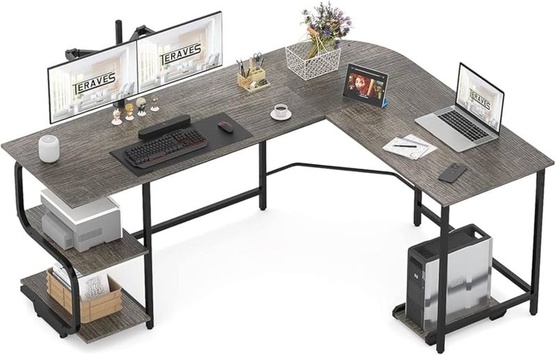 L-Shaped Desk with Integrated Shelving and Open Metal Frame