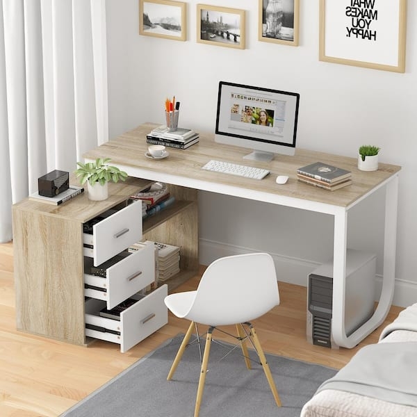 L-shaped Desk with Integrated Shelving and Three Drawers