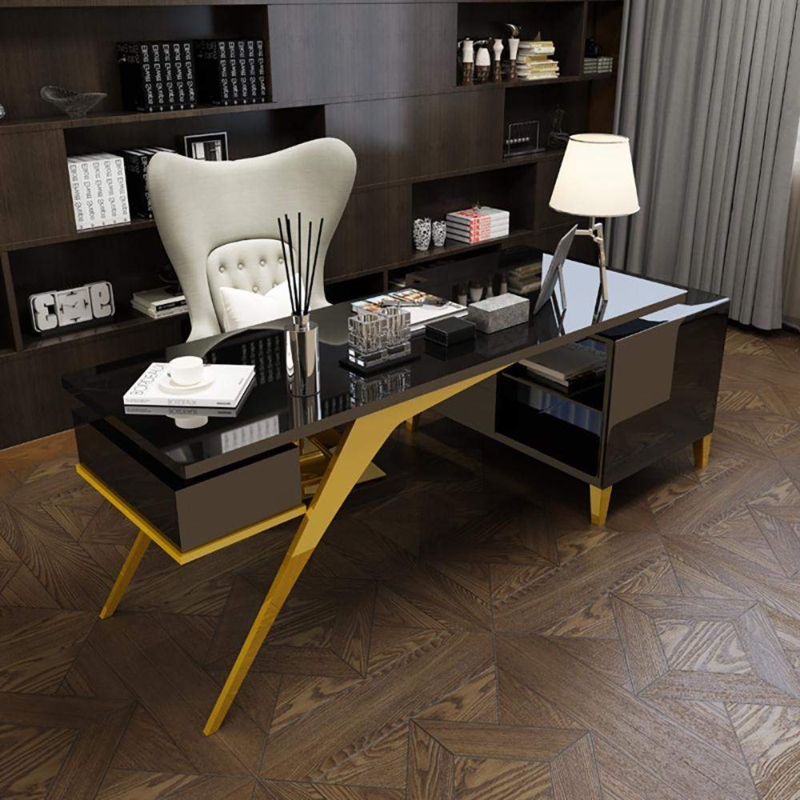 L-Shaped Desk with Matte Black Finish, Integrated Side Cabinet