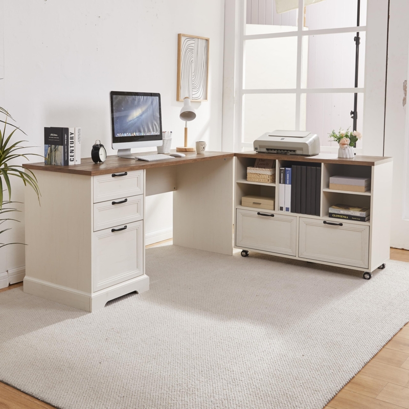 L-Shaped Desk with Mesh Cabinet Doors Grey Wood Industrial Farmhouse