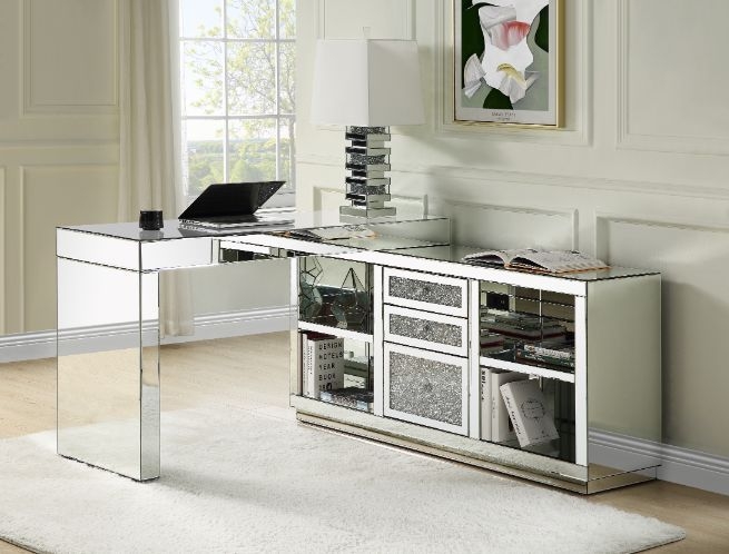 L-Shaped Desk with Mirrored Finish and Crystal Inlay Detail