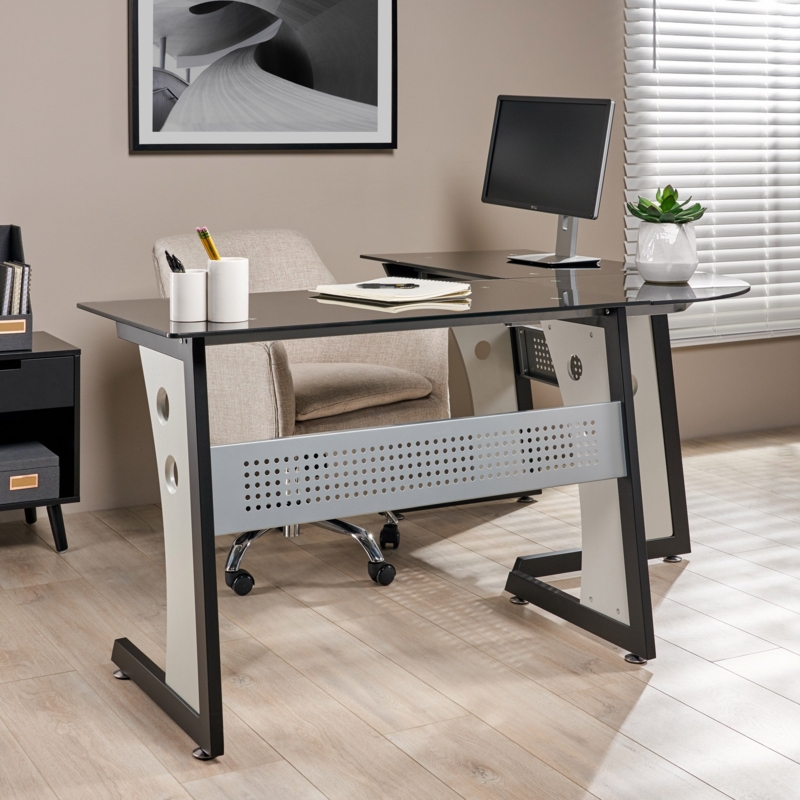 L-Shaped Desk with Mixed Material Top of Glass and Gray Wood Tone.