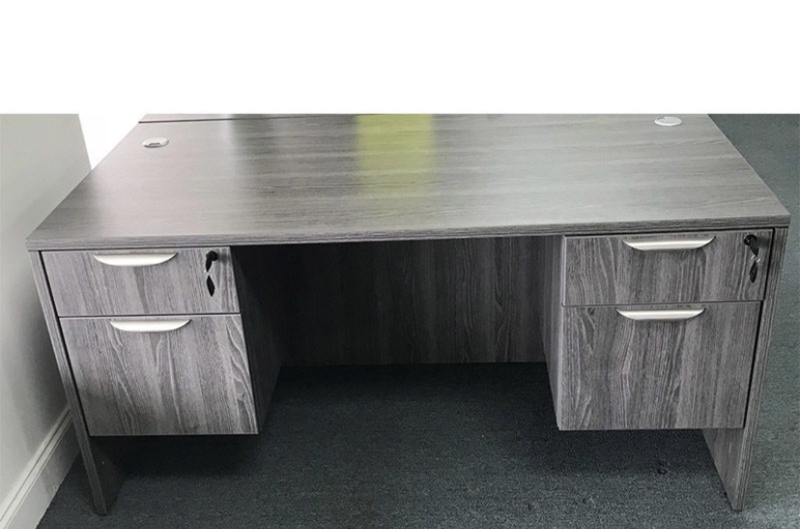 L-Shaped Desk with Modesty Panel, Textured Wood Grain, Pedestal Drawers.