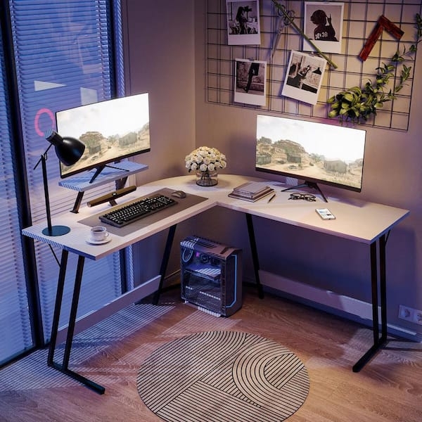 L-Shaped Desk with Monitor Riser, All-White Finish, Open-Frame Legs