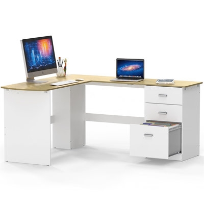 L-Shaped Desk with Monitor Riser and Trestle Base, Corner Home Office