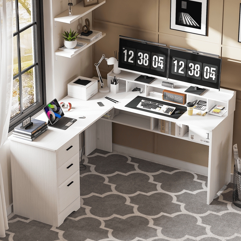 L-Shaped Desk with Monitor Riser, Integrated Power Outlets and Storage