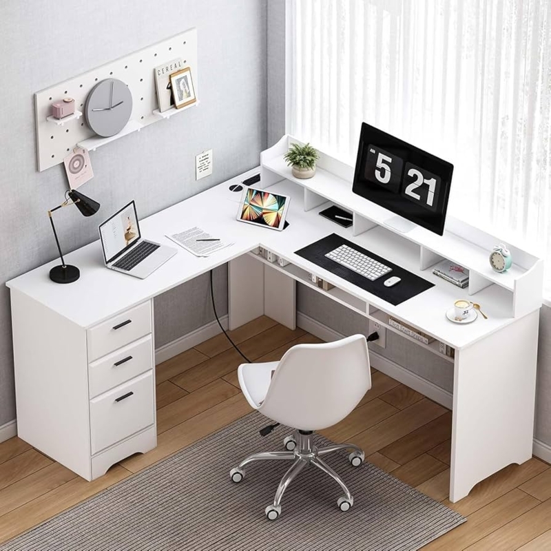 L-Shaped Desk with Moveable Hutch, Built-In Power Outlet and Drawers