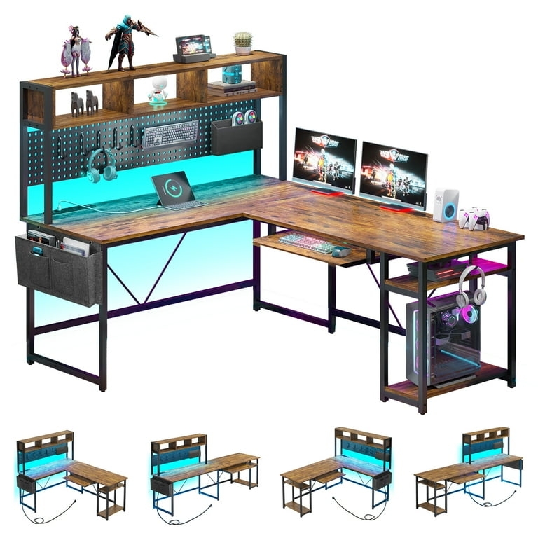 L-Shaped Desk with Multi-Tier Shelving. Rustic brown gaming desk layout.