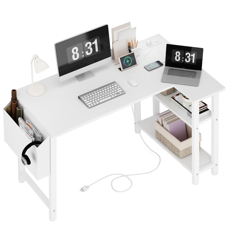 L-Shaped Desk with Power Outlet, Shelves, and Reversible Design